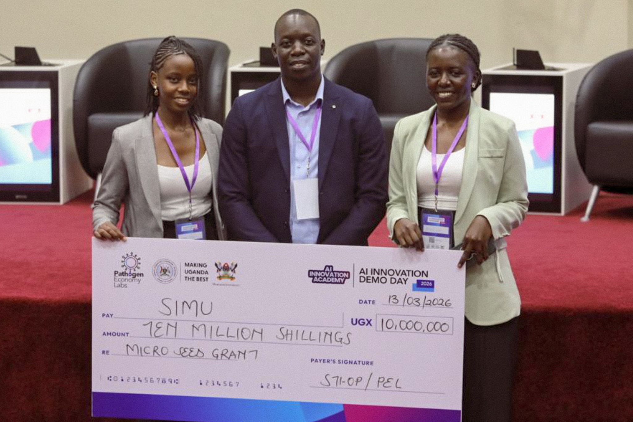Nina and Patience, Groundbreaker Talents alumni, receive UGX 10 million micro-seed grant for SIMU at AI Demo Days in Kampala